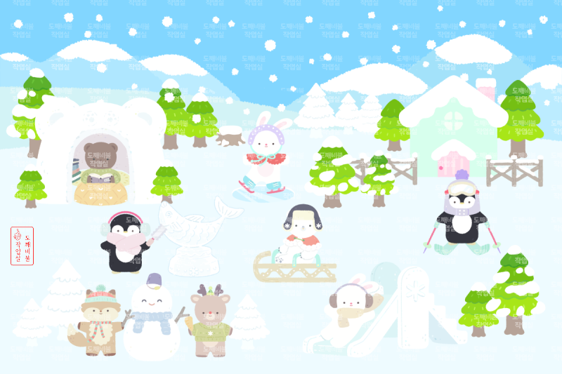 겨울환경구성도안 전체 배치 예시 야외 들판에서 스키 스케이트 썰매 눈조각 미끄럼틀 눈사람 만들기 등의 겨울놀이 즐기는 동물들