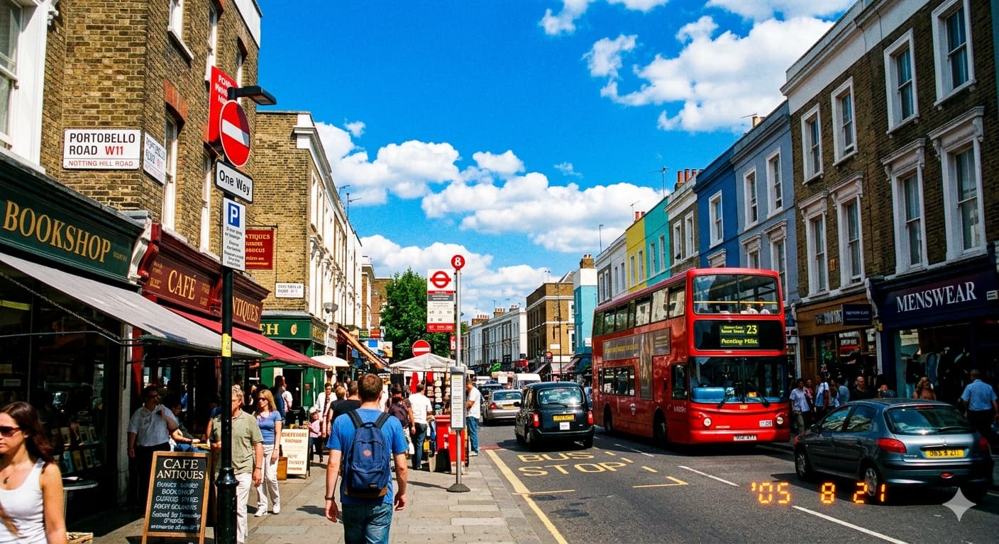 카시오 빈티지 디카 특유의 쨍한 색감과 고대비로 촬영된 여름 거리 풍경 사진. 우측 하단에 주황색 날짜 각인이 포함된 Y2K 스타일 결과물.