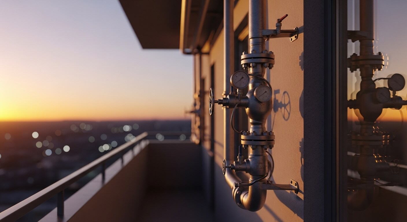 석양이 비치는 아파트 발코니 가스 배관과 계량기