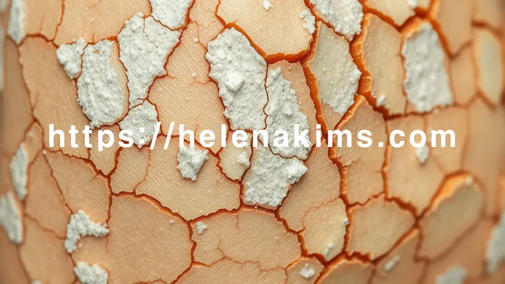 하얗게 들뜬 각질이 섬세하게 표현되고, 군데군데 메마른 균열이 깊게 파인 모습.