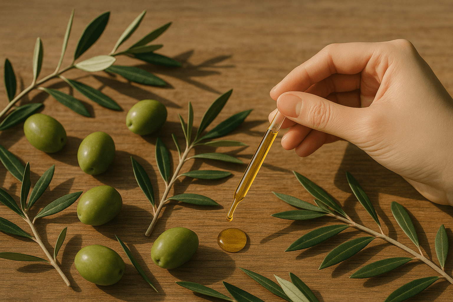 원목 테이블 위 올리브 열매와 올리브잎 사이로, 손이 유리 스포이드(드로퍼)로 황금빛 올리브오일 한 방울을 떨어뜨리는 클로즈업 연출컷