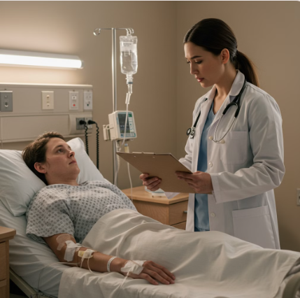 남성 환자를 장염으로 회복하는 기간에 대해 설명하는 여자 의사