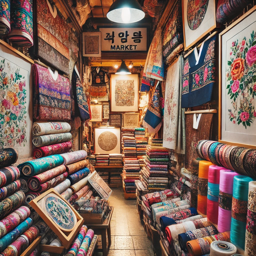 광장시장에서 전통 한복 원단과 자수를 판매하는 골목