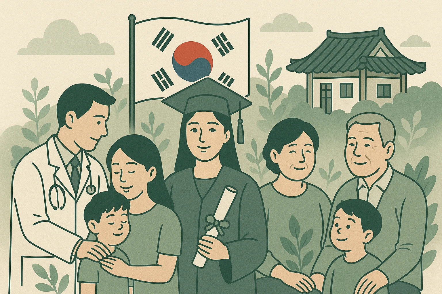 국가보훈대상자의 가족이 교육, 의료, 복지 혜택을 누리는 모습을 표현한 일러스트