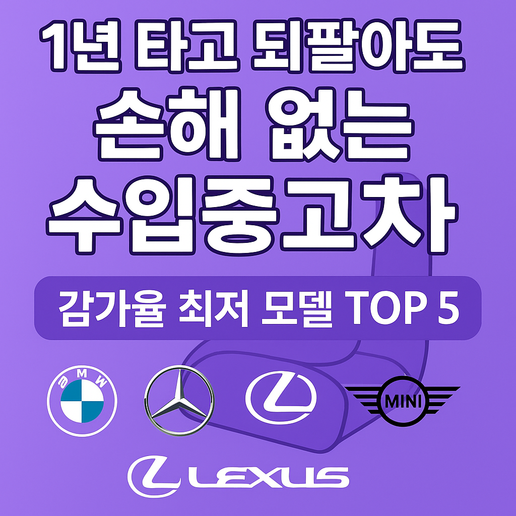 수입중고차 감가율이 낮은 모델을 소개하는 카드뉴스 스타일의 썸네일 이미지.