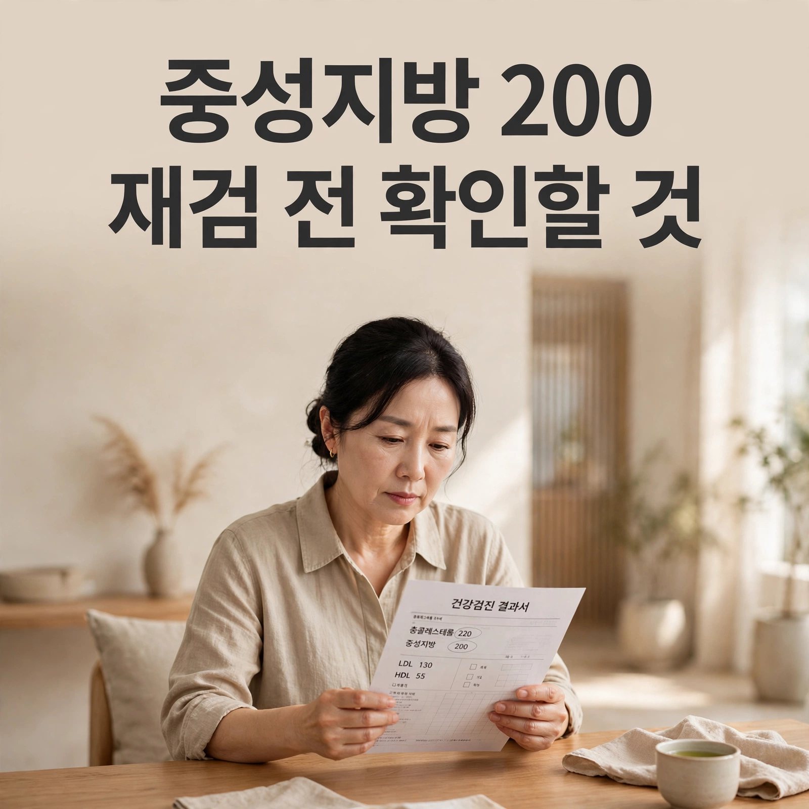 건강검진 결과표를 보는 50대 여성 (썸네일: 중성지방 200·재검 전 확인할 것)