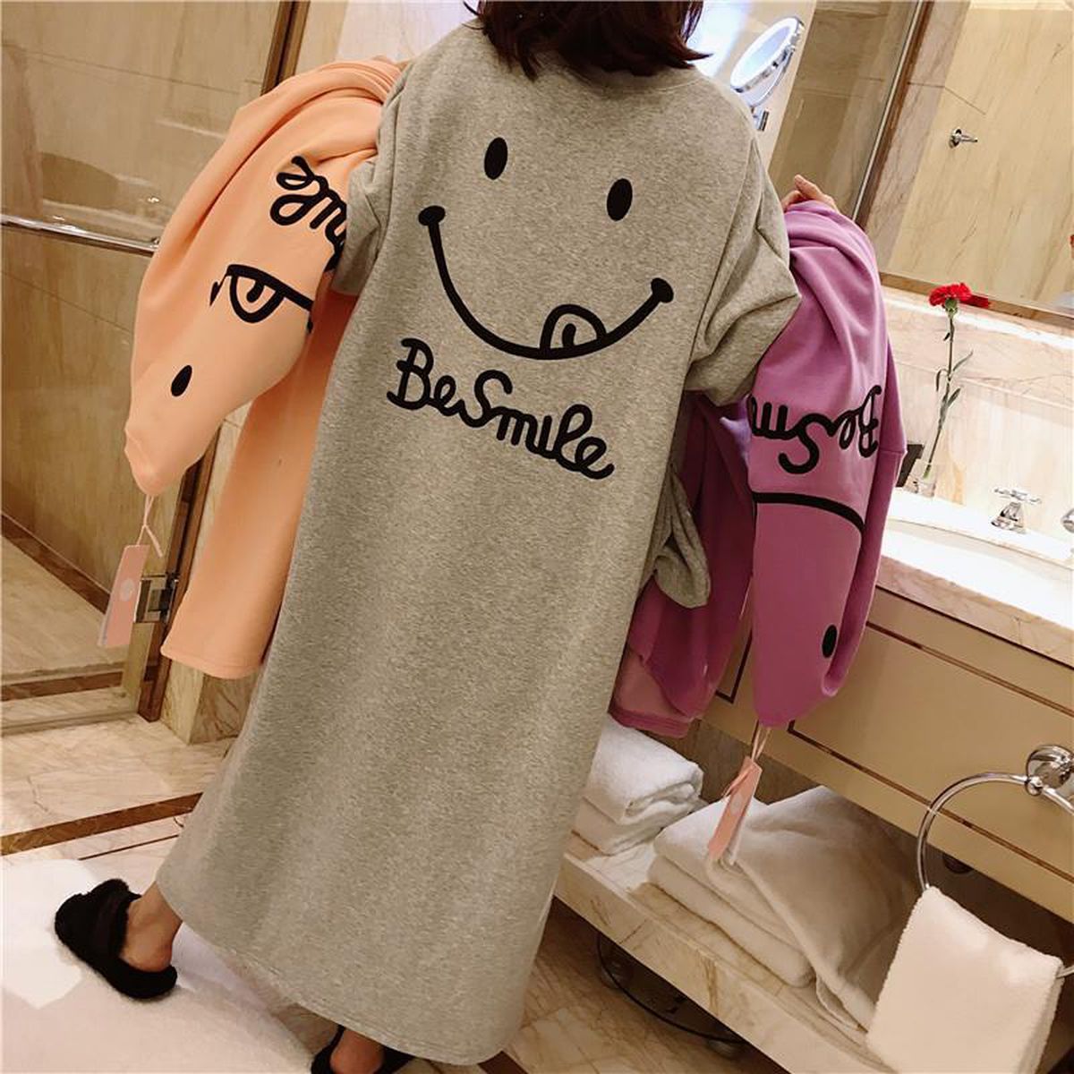 허니나이트 스마일 기모 원피스잠옷 수면원피스잠옷 극세사 치마 파자마