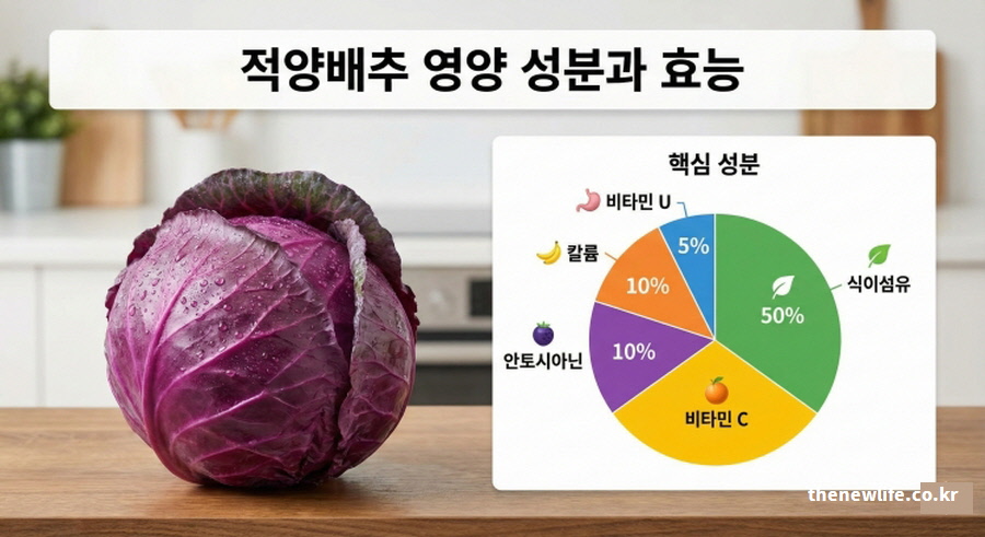 적양배추 효능의 핵심인 비타민 U, 칼륨, 안토시아닌, 비타민 C, 식이섬유 함량 비율을 분석한 영양 성분 그래프