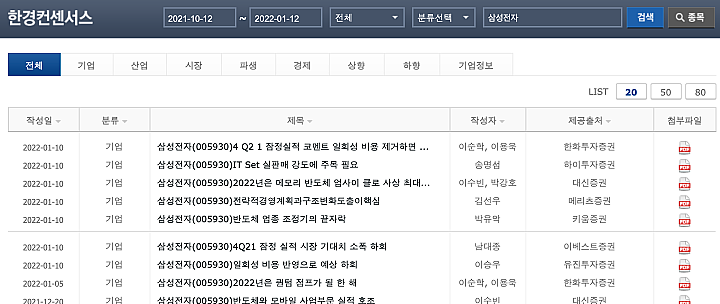 한경-컨센서스-리포트-조회화면
