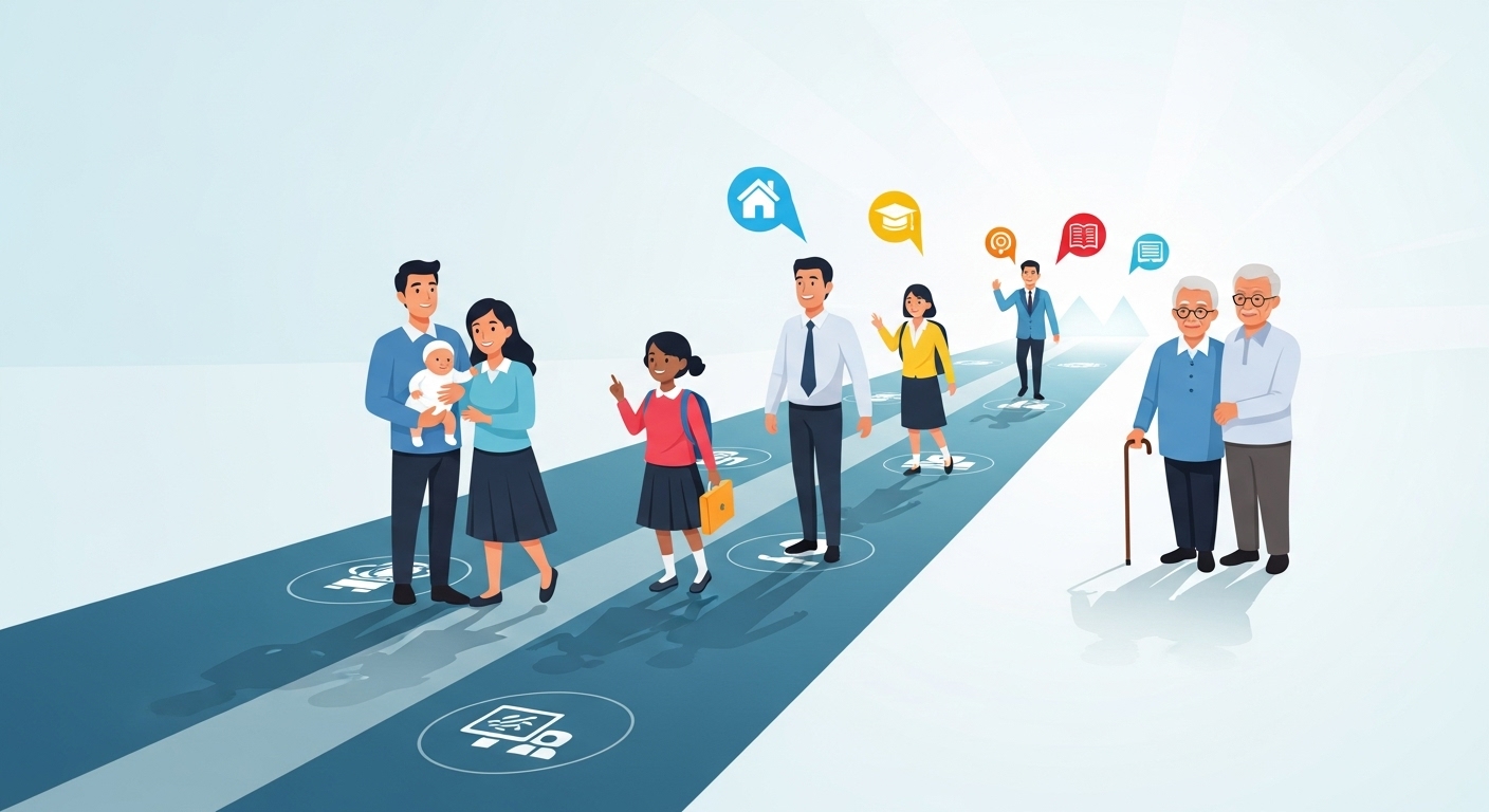 2026년 정부 지원금 로드맵을 상징하는 밝고 현대적인 인포그래픽 이미지. 다양한 연령대의 사람들이 주거, 교육, 창업 등 여러 지원 분야 아이콘이 그려진 푸른색 길을 따라 걷는 모습.