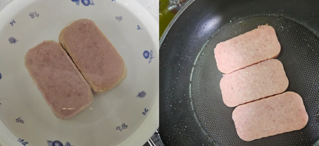 하와이언무스비-왼쪽 사진은 스팸 뜨거운물에 데침-오른쪽 사진은 데친 스팸을 잘라서 살짝 구움