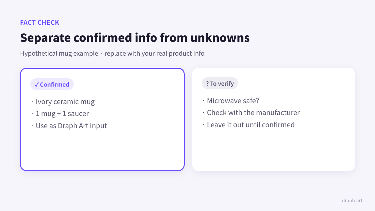 Hookable reviews product detail page guide: example separating confirmed mug details from info still to verify