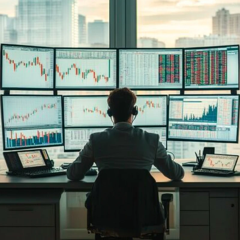 차분하고 분석적인 분위기 속에서 여러 모니터를 통해 시장 동향을 분석하는 투자자는 전략적 타이밍의 중요성을 간접적으로 보여줍니다. 이 이미지는 침착한 투자 분석의 중요성을 드러냅니다.