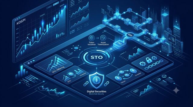 토큰증권(STO) 법제화와 국내 STO 관련주를 나타낸 디지털 금융 일러스트