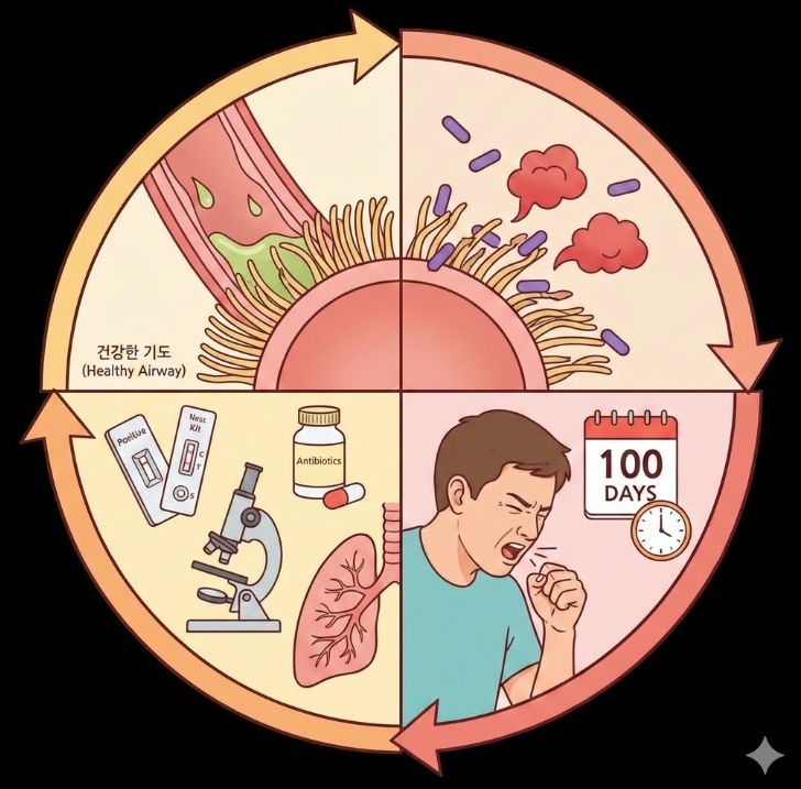 백일해로 인해 섬모가 손상된 기도 내부와 정상 기도의 비교를 순환 구조로 설명한 의료 인포그래픽