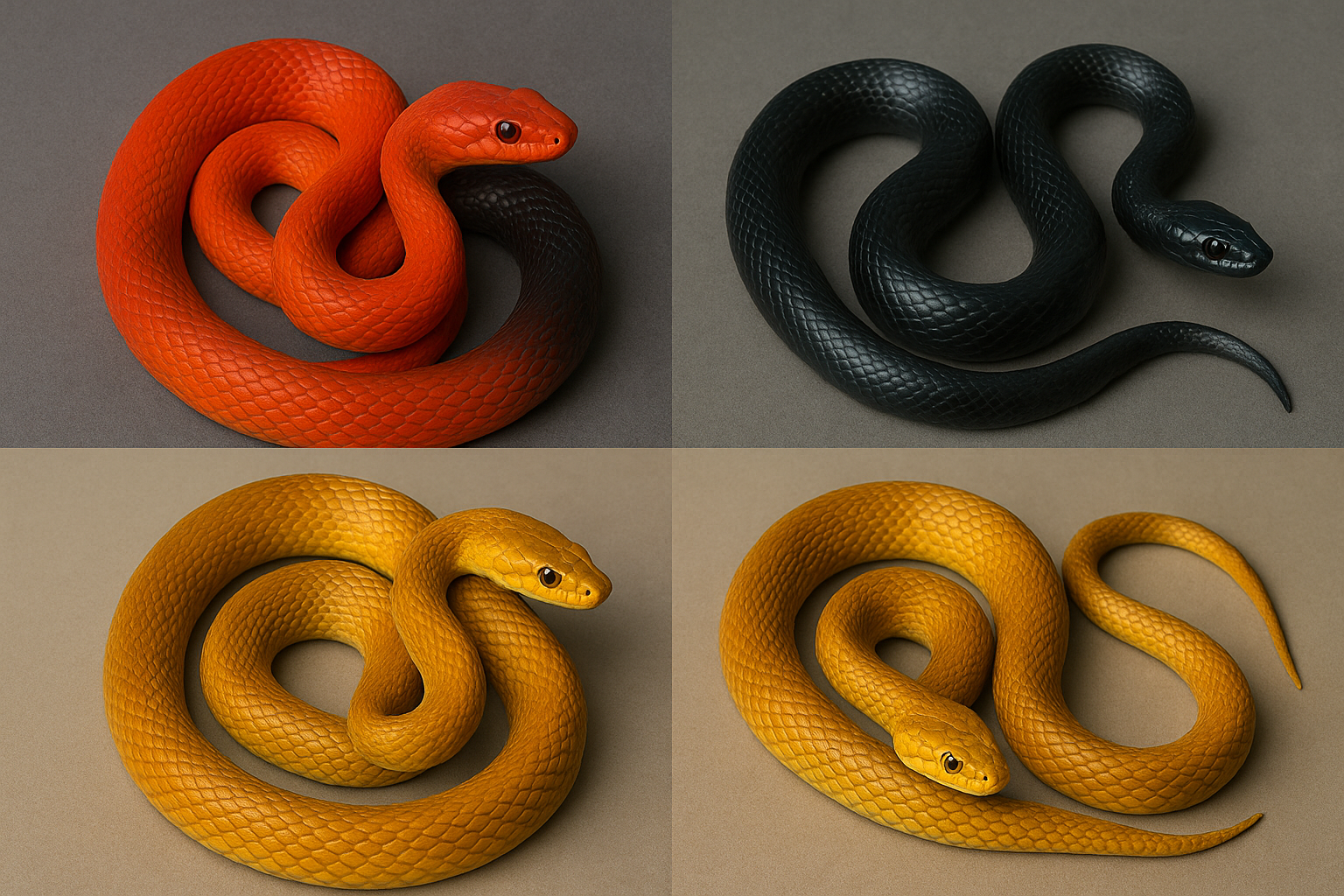 여러가지 색의 뱀이 또아리 틀고있는 모습