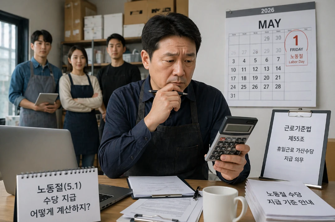2026년 노동절을 맞아 계산기를 들고 고민하는 사업주 이미지.