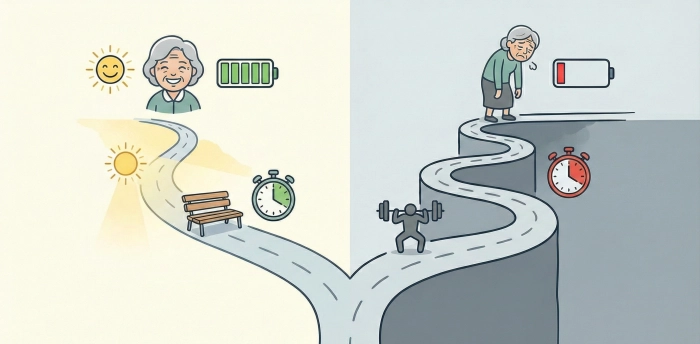 여성 노후일자리 선택 기준 인포그래픽: 근무 시간과 체력 부담의 차이를 보여주는 두 갈래 길