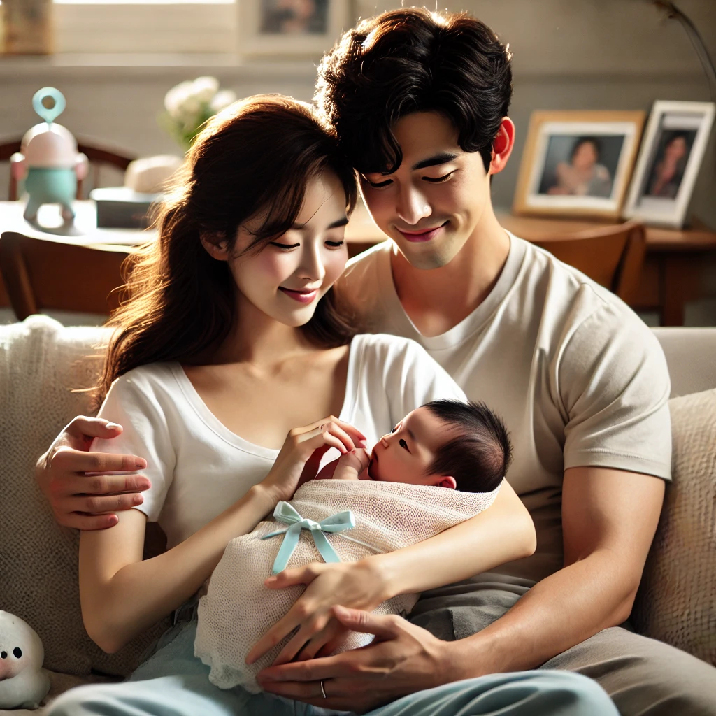 아늑한 거실 소파에서 신생아를 품에 안고 있는 부모, 아기를 따뜻하게 감싸며 미소 짓는 어머니와 아기를 사랑스럽게 바라보는 아버지, 부드러운 자연광과 가족사진, 장난감 등이 조화를 이루는 따뜻한 분위기.