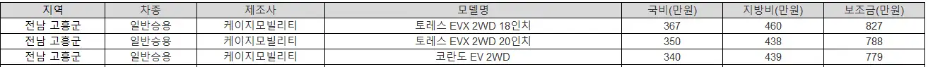 2025년 전남 고흥군 전기차 보조금