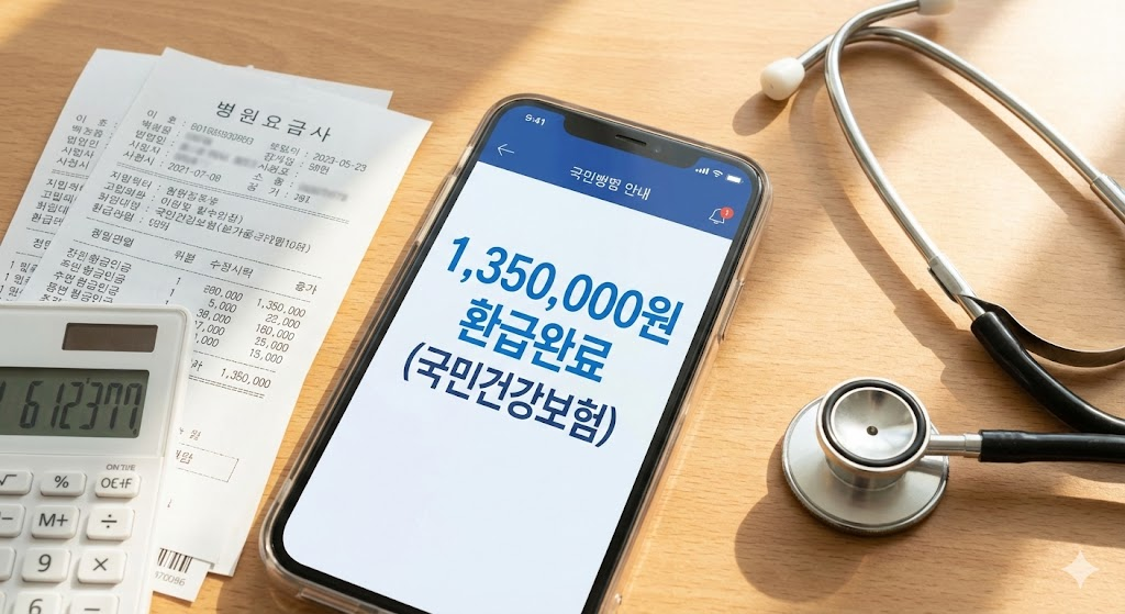 국민건강보험공단 본인부담상한제 의료비 환급금 135만원 입금 알림 스마트폰 화면과 병원 영수증