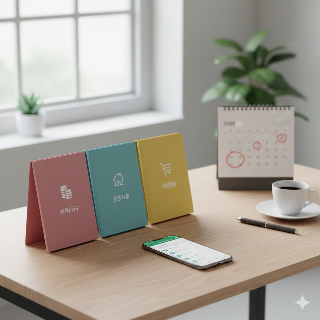 깔끔하게 정돈된 책상 위에 세 개의 컬러풀한 북 스탠드가 놓여 있다. 왼쪽부터 분홍색 스탠드에는 동전 더미 아이콘과 '저축/규구'라는 글자가, 하늘색 스탠드에는 집 아이콘과 '금전지출'이라는 글자가, 노란색 스탠드에는 쇼핑 카트 아이콘과 '생활비'라는 글자가 각각 적혀 있다. 북 스탠드 앞에는 스마트폰 한 대가 놓여 있으며, 화면에는 금융 앱으로 보이는 목록이 표시되어 있다. 스마트폰 뒤편으로는 펜과 커피잔이 놓여 있고, 그 뒤로는 20XX년 달력이 보인다. 창밖으로는 햇살이 비추고 있으며, 책상 위에는 작은 화분들이 놓여 있어 전반적으로 밝고 정돈된 분위기를 연출한다.