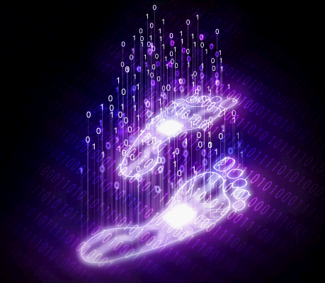 스마트폰으로 이어지는 빛나는 발자국들을 단순하게 표현한 픽셀 아트.