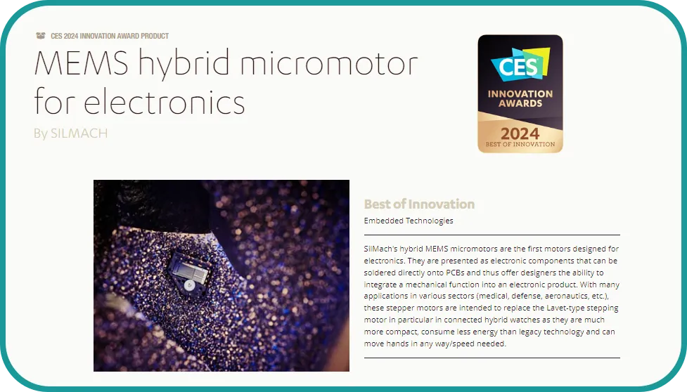 프랑스 기업 Silmach 하이브리드 MEMS 마이크로 모터 최고혁신상