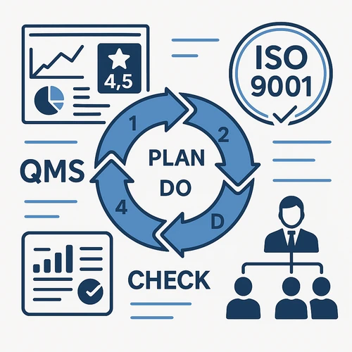 QMS 품질경영시스템 개념도 - PDCA 사이클과 ISO 9001 표준을 포함한 Quality Management System 프로세스 흐름도