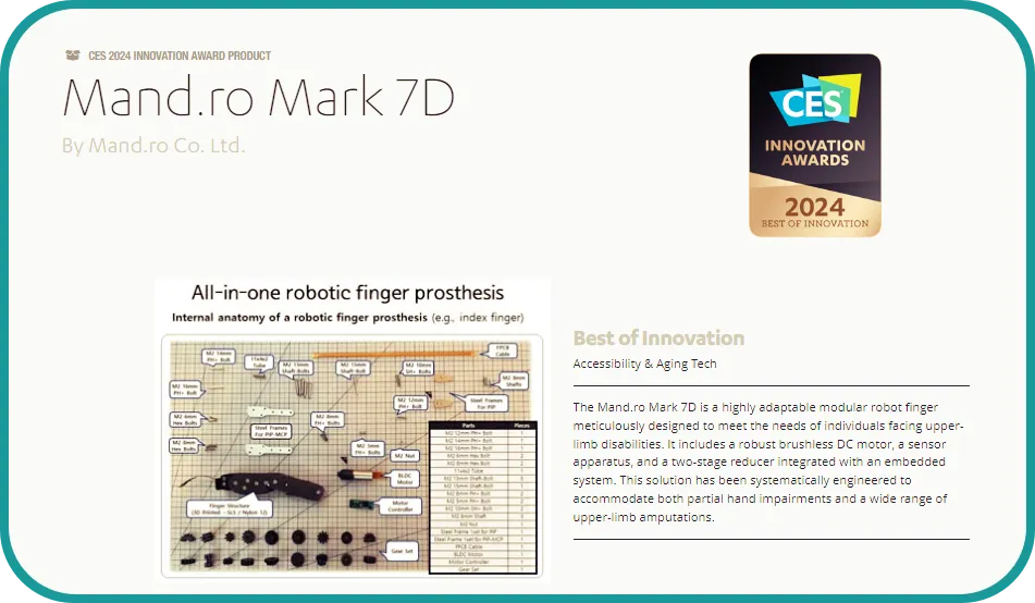 Mand. ro의 로봇 손가락 기술 Mand. ro Mark 7D 2024ces 최고혁신상