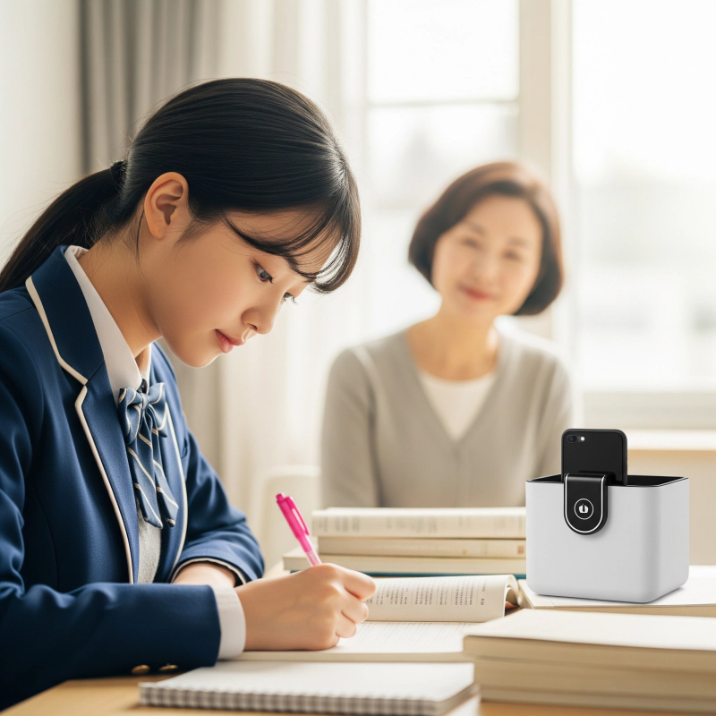 스마트폰을 금욕상자(핸드폰 잠금상자)에 넣고 집중해서 공부하는 여자 고등학생을 바라보고 있는 어머니