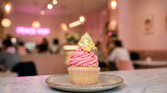 pink cupcake with gold leaf