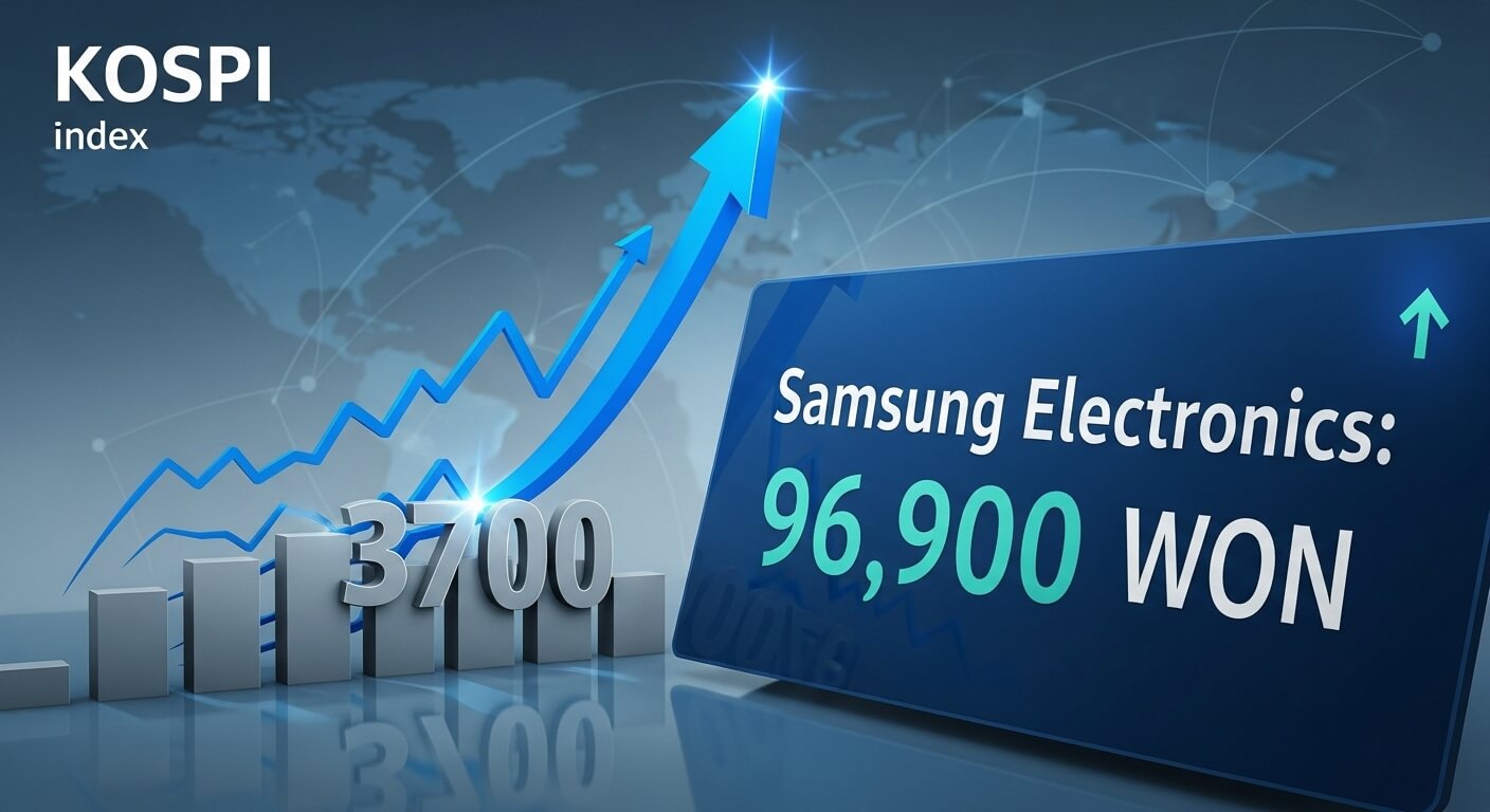 코스피3,700 과 삼성전자 96,900원을 나타내는 인포그래픽
