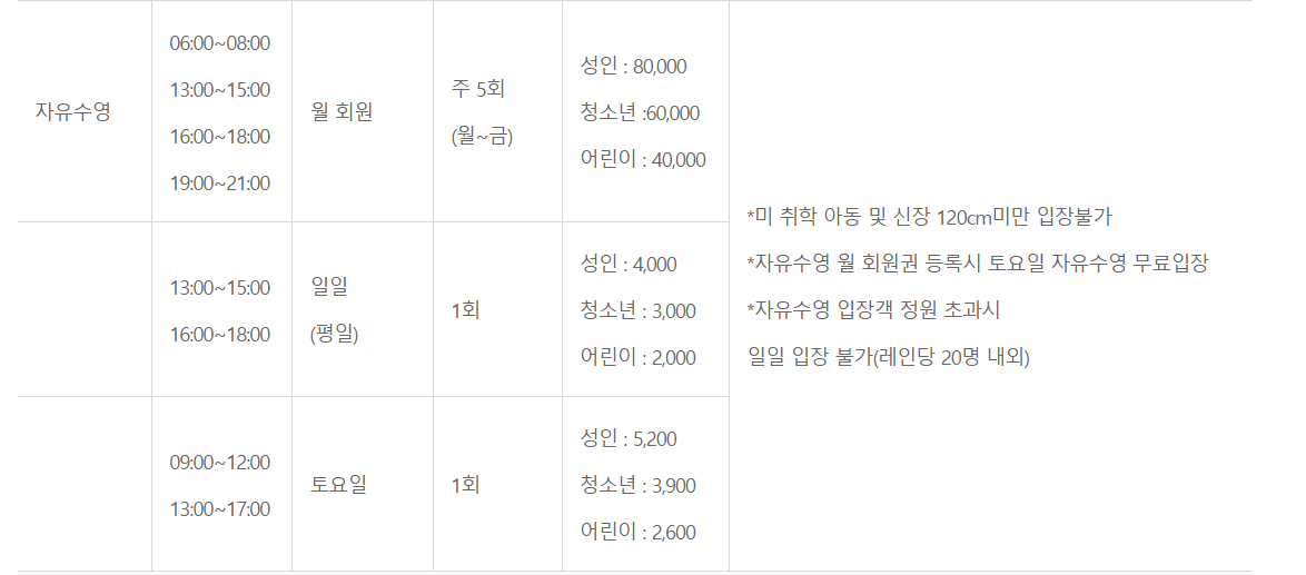 잠실 종합운동장 수영장 자유수영
