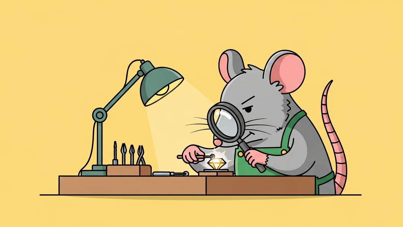 확대경으로 보석을 정교하게 닦고 있는 똑똑한 쥐 캐릭터의 2D 플랫 벡터 일러스트