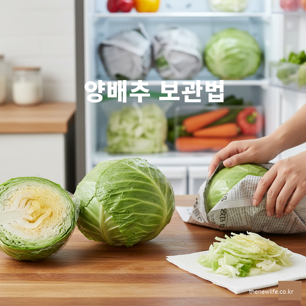 양배추 보관법 – 신문지로 감싸 냉장고에 보관하는 모습. 반으로 자른 양배추와 신문지로 포장된 양배추가 주방 탁자 위에 놓여 있음.