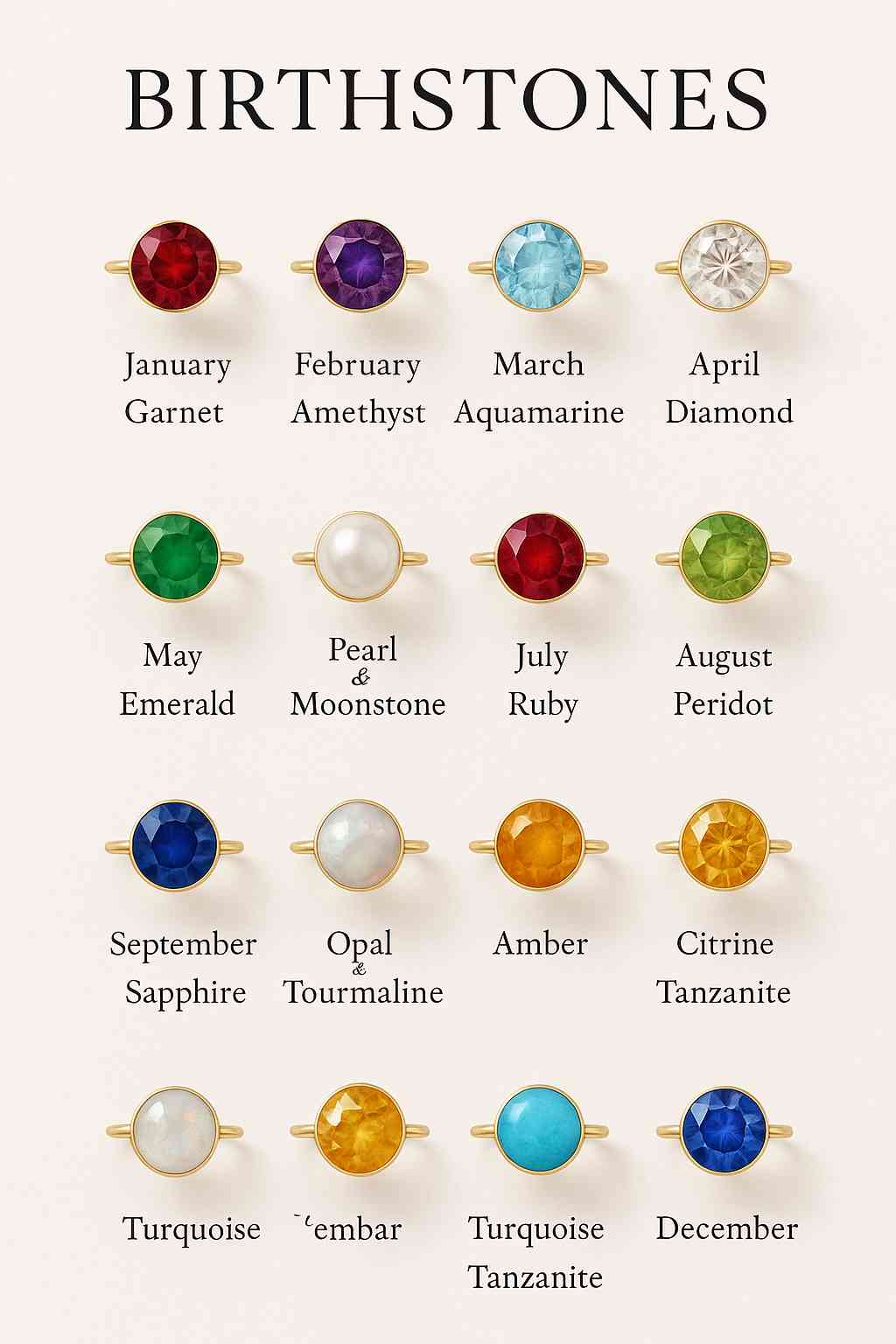 1월부터 12월까지 탄생석과 해당 보석이 세팅된 반지를 정리한 이미지