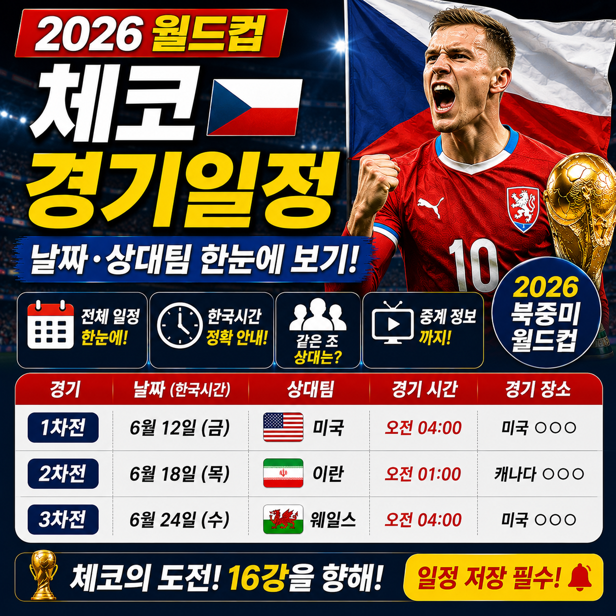 체코 월드컵 경기일정 날짜 상대팀 한눈에 보기 2026