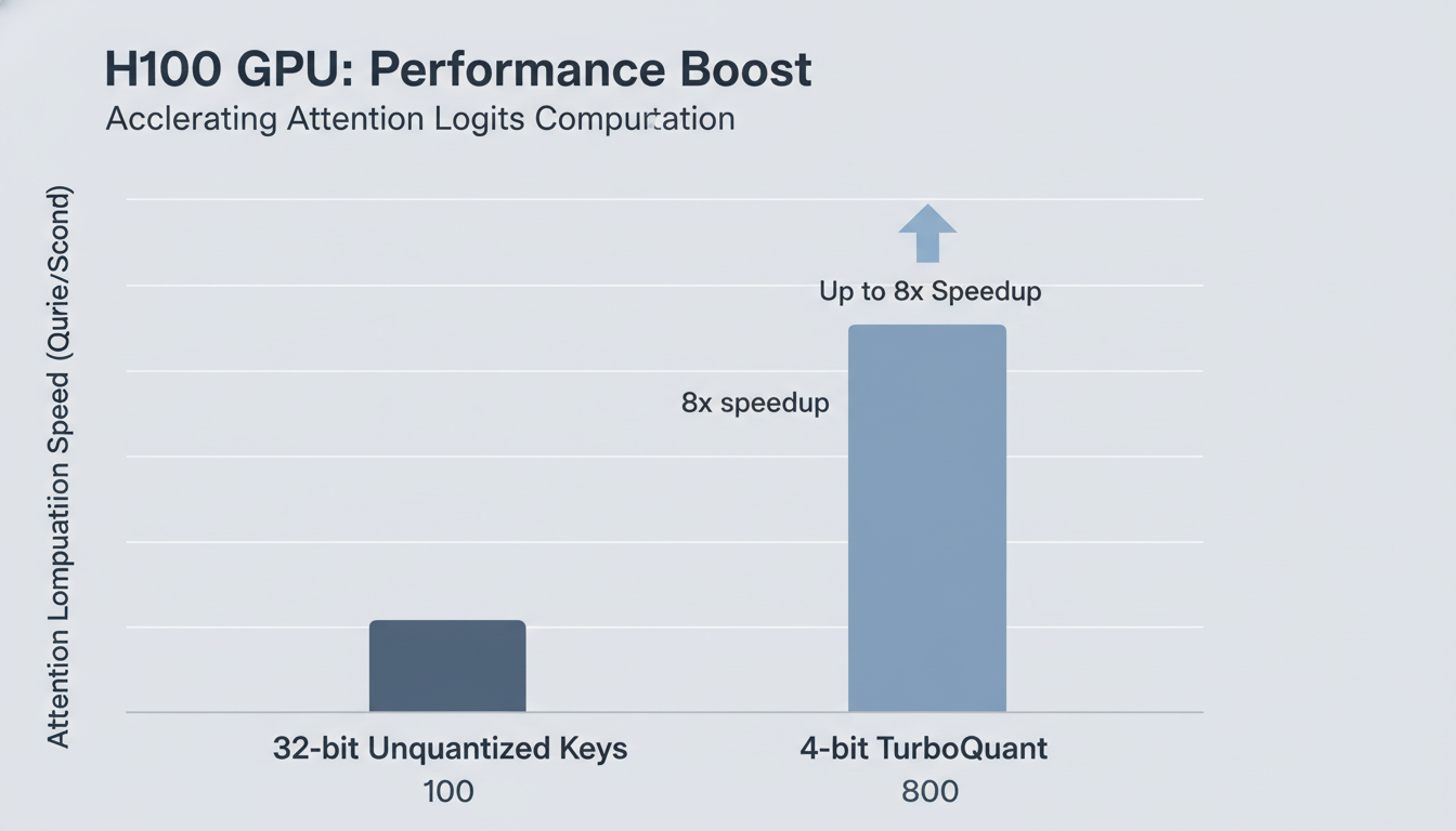 TurboQuant 적용 시 어텐션 로짓 계산 속도 향상을 보여주는 그래프. 4비트 TurboQuant가 32비트 비양자화 키에 비해 최대 8배 빠른 성능을 보이는 모습.