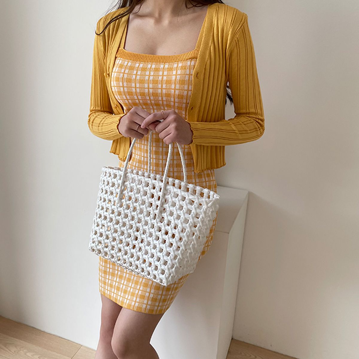 알로하 골지 체크 니트 투피스 원피스 가디건세트