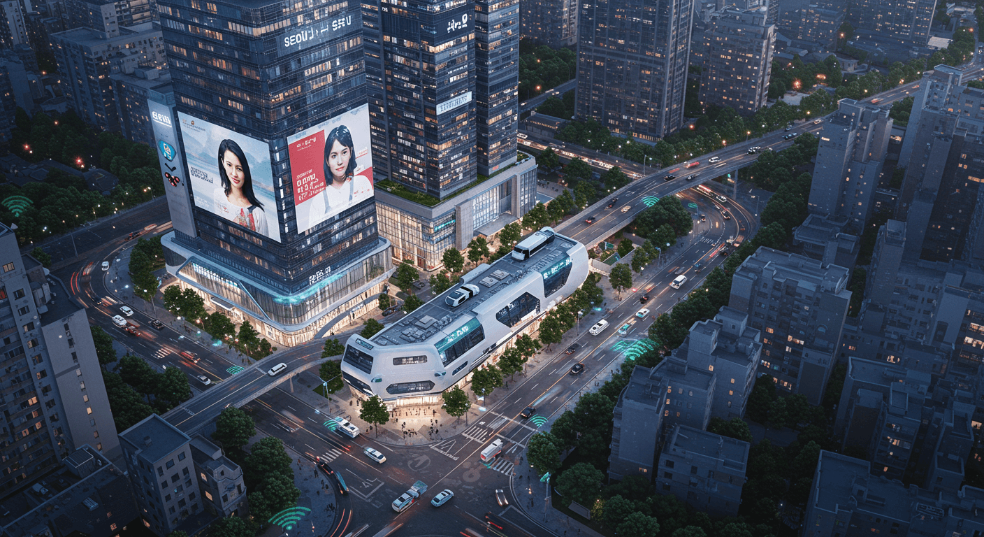 자율주행차와 디지털 전광판이 있는 AI 기반 스마트 인프라로 변화된 서울 전경 1