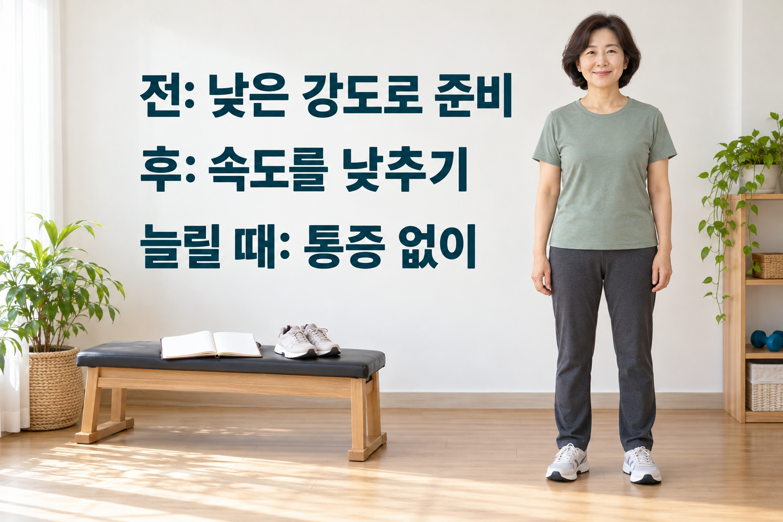 평평한 운동 공간의 신발과 기록 노트 옆에 편안하게 서 있는 성인