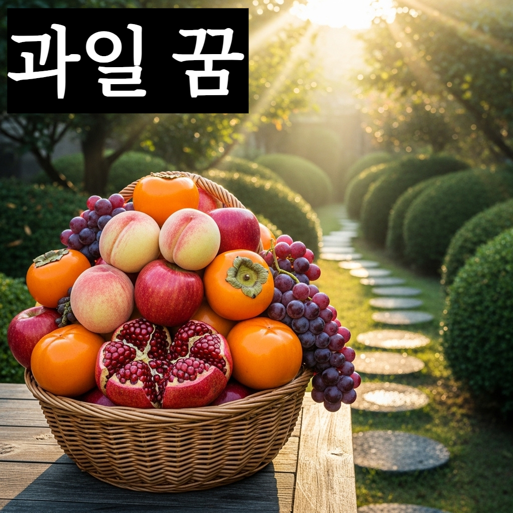 따사로운 가을 햇살 아래 복숭아, 사과, 감, 석류, 포도가 바구니에 넘칠 듯 담겨 신비로운 서광을 내뿜는 풍요로운 정물 이미지