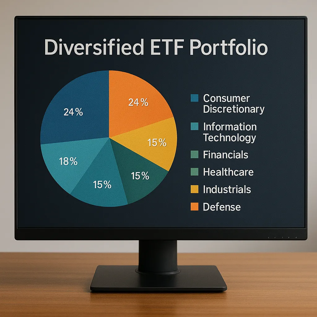 방산 섹터가 포함된 ETF 포트폴리오 차트를 보여주는 모니터 화면