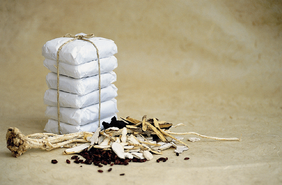 노란색 배경과 바닥 위에 한약을 모아서 종이로 싼 첩약 6개를 묶어놓은 것을 놓아두고, 그 옆에는 각종 한약재를 바닥에 놓아두고 찍은 사진