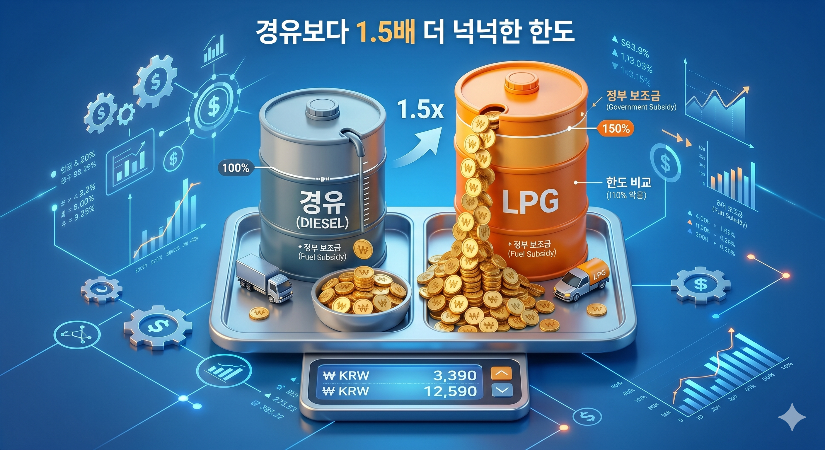 경유 화물차 대비 1.5배(150%) 더 많은 LPG 화물차 유가보조금 월간 지급 한도량 비교 인포그래픽
