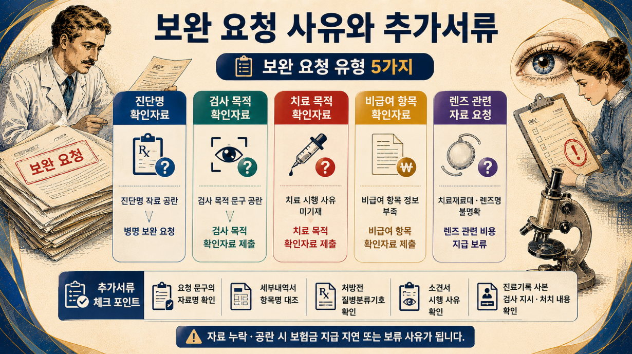 안과 실손보험 보완 요청 사유와 진단명·검사 목적·치료 목적·렌즈 관련 추가서류를 정리한 인포그래픽