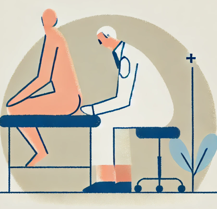 항문 검진을 하는 모습을 그린 그림. 의사와 환자의 모습