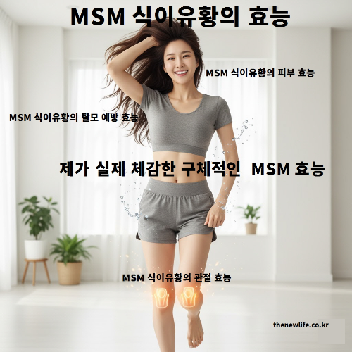 운동복을 입은 여성이 활기차게 걷는 장면으로, MSM 관절 건강, 피부 개선, 탈모 예방 효능을 상징적으로 표현한 이미지.