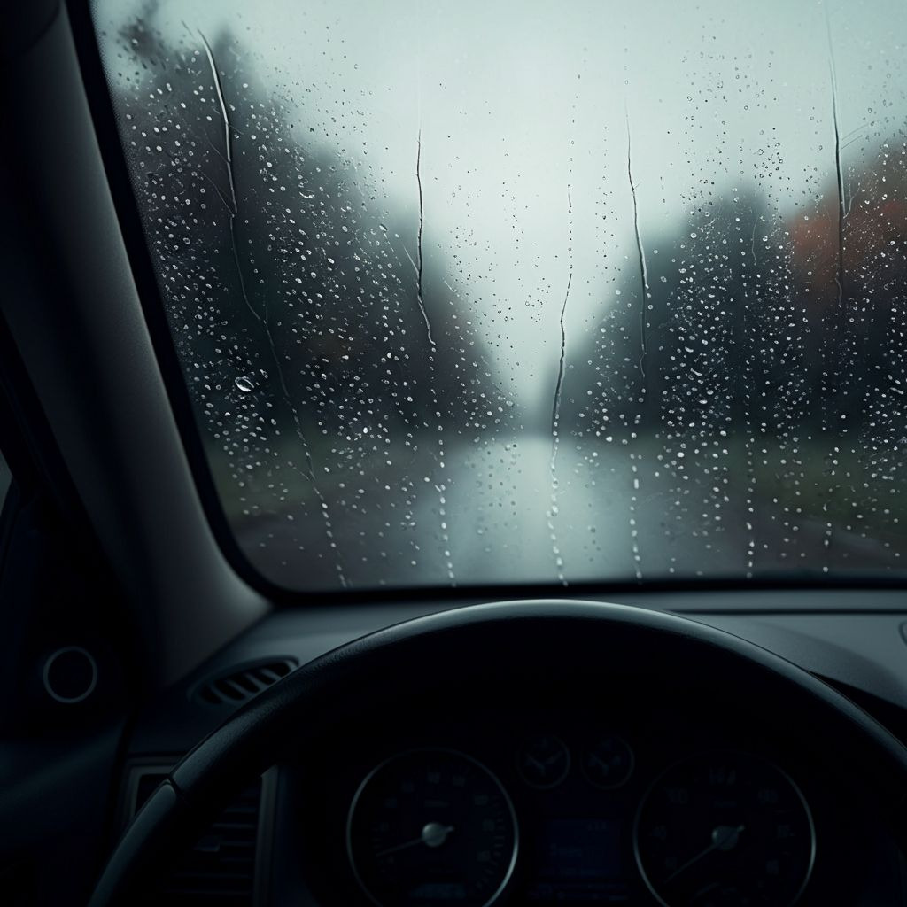 비 오는 날 차 안에서 본 흐릿하고 물줄기 맺힌 앞 유리